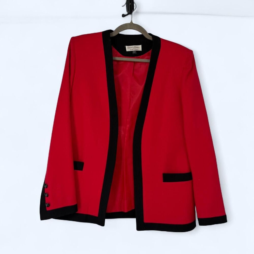 Open Front Contrast Trim Structured Sharp Shoulder Evening Power Blazer c. 1987